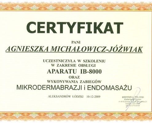 Agnieszka Michałowicz-Jóźwiak certyfikat - Dla Zdrowia i Urody