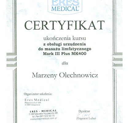 Marzena Olechnowicz certyfikat - Dla Zdrowia i Urody
