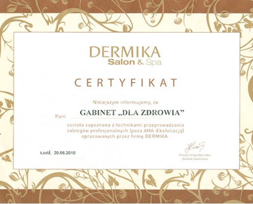 Marzena Dolińska-Olechnowicz certyfikat - Dla Zdrowia i Urody